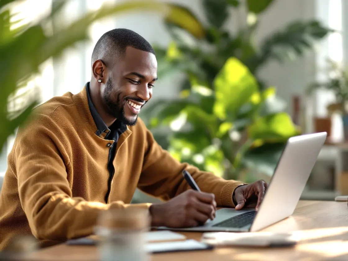 Un répétiteur souriant enseigne en ligne depuis son domicile