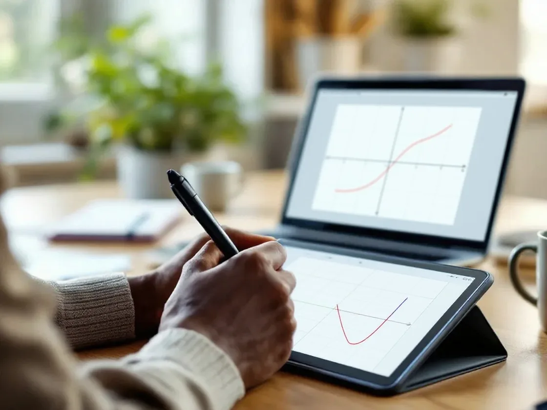 Un répétiteur écrit des équations sur une tablette pendant un cours en ligne