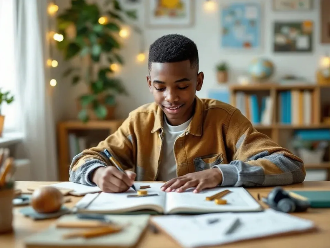 Collégien concentré sur son cahier de maths